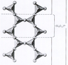IX. D. alosztály. Inoszilikátok Szerkezetükben az SiO 4 -tetraéderek közös oxigénekkel, egyirányú kapcsolódással lánccá főzıdnek (láncszilikátok). A láncokat kationok kötik össze.