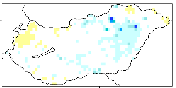 A sugárzási kényszer változásán alapuló új éghajlati szcenáriók a Kárpát-medence térségére EEA-C13-10 16 A 10 mm-t meghaladó mennyiségű csapadékú napok előfordulását a modell az ország nagy részén