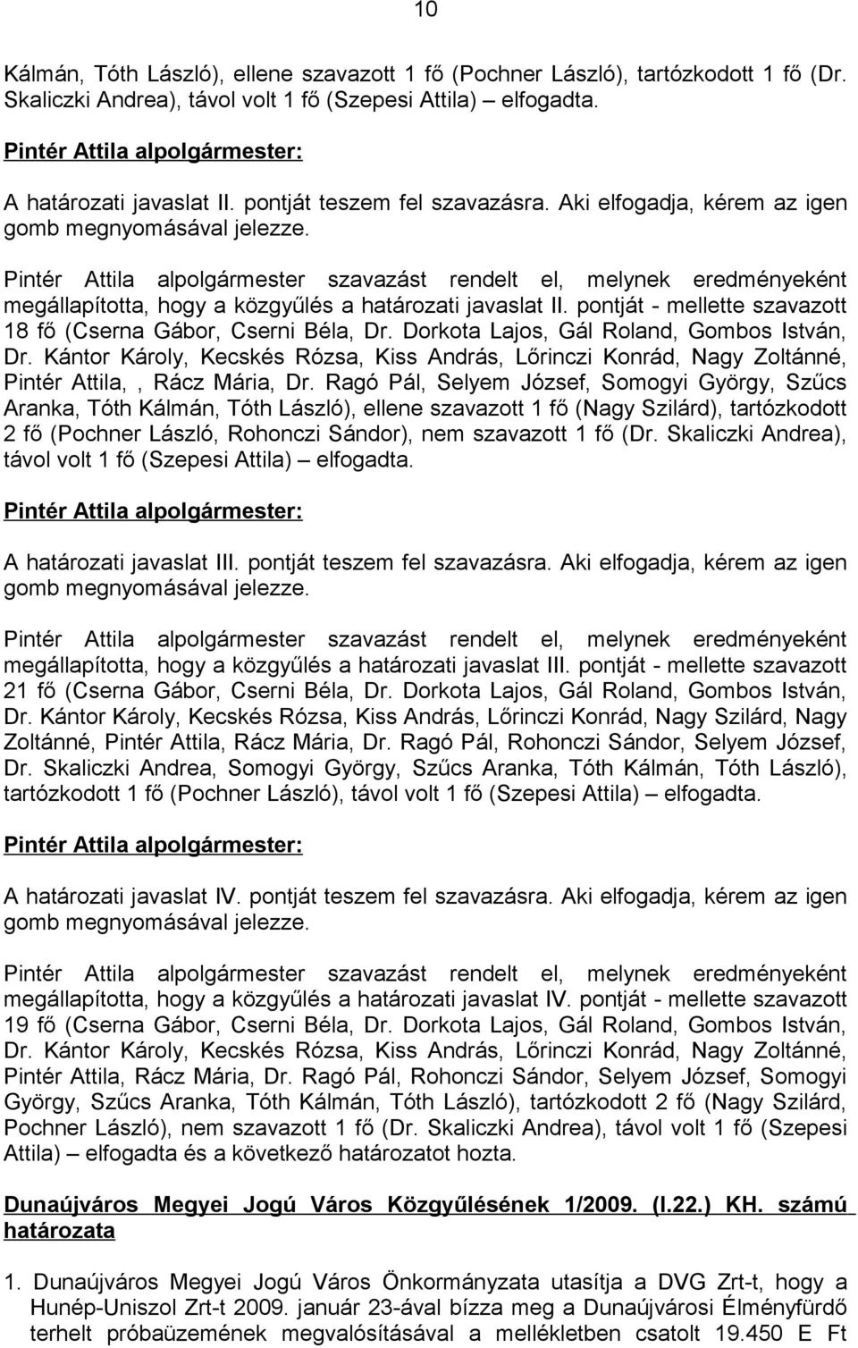 pontját - mellette szavazott 18 fő (Cserna Gábor, Cserni Béla, Dr. Dorkota Lajos, Gál Roland, Gombos István, Dr.