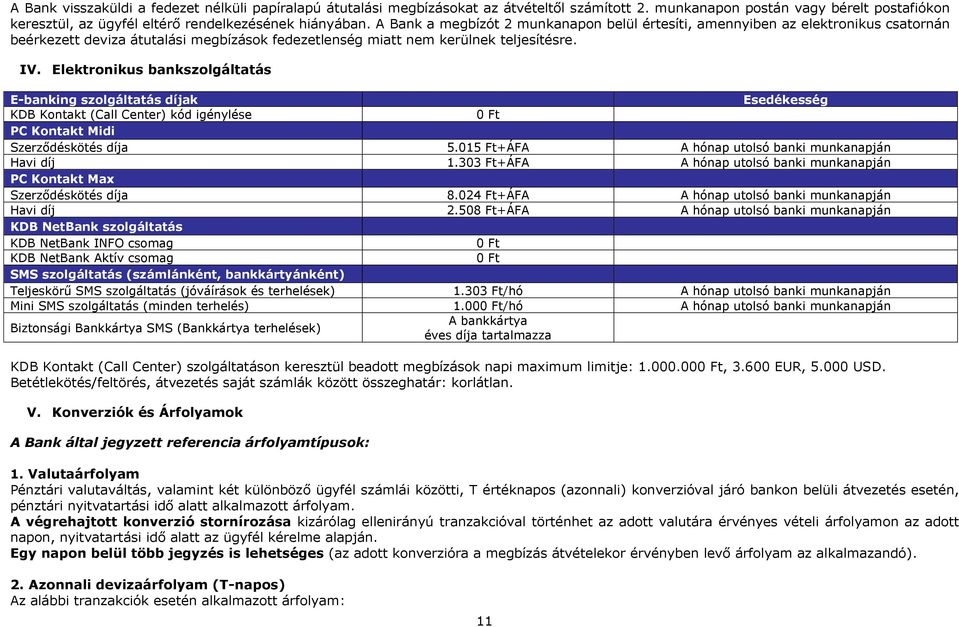 Elektronikus bankszolgáltatás Ebanking szolgáltatás díjak Esedékesség KDB Kontakt (Call Center) kód igénylése PC Kontakt Midi Szerződéskötés díja 5.