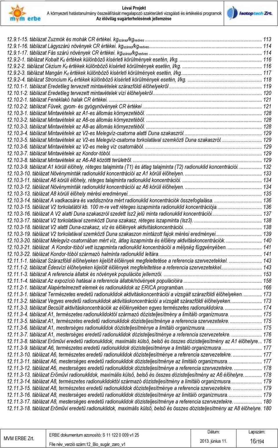 ... 116 12.9.2-3. táblázat Mangán Kd értékek különbözı kísérleti körülmények esetén, l/kg.... 117 12.9.2-4. táblázat Stroncium Kd értékek különbözı kísérleti körülmények esetén, l/kg.... 118 12.10.