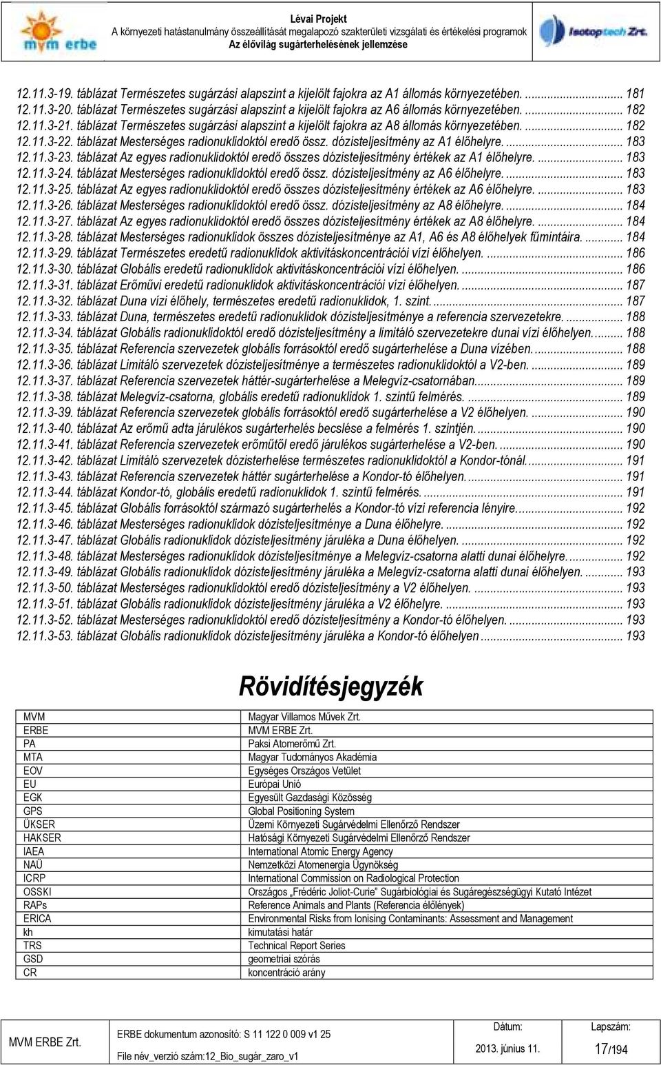 ... 182 12.11.3-22. táblázat Mesterséges radionuklidoktól eredı össz. dózisteljesítmény az A1 élıhelyre.... 183 12.11.3-23.