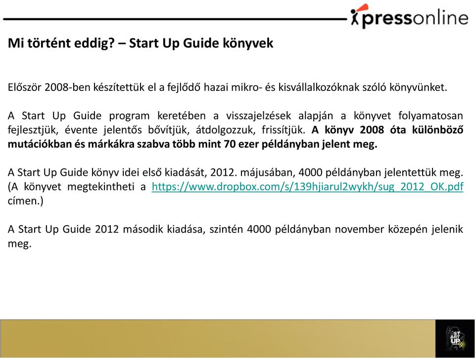 A könyv 2008 óta különböző mutációkban és márkákra szabva több mint 70 ezer példányban jelent meg. A Start Up Guide könyv idei első kiadását, 2012.