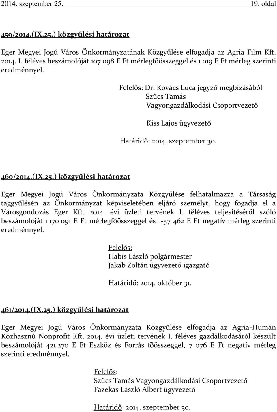 Kovács Luca jegyző megbízásából Szűcs Tamás Vagyongazdálkodási Csoportvezető Kiss Lajos ügyvezető Határidő: 2014. szeptember 30. 460/2014.(IX.25.