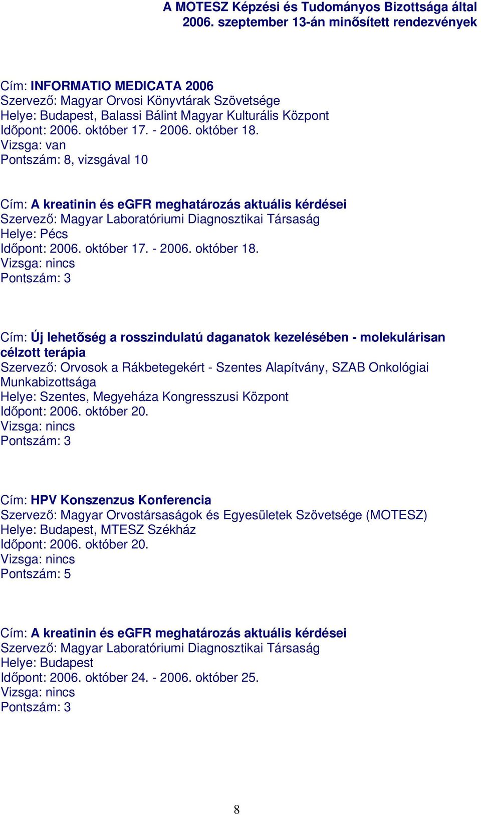 Cím: Új lehetőség a rosszindulatú daganatok kezelésében - molekulárisan célzott terápia Szervező: Orvosok a Rákbetegekért - Szentes Alapítvány, SZAB Onkológiai Munkabizottsága Helye: Szentes,