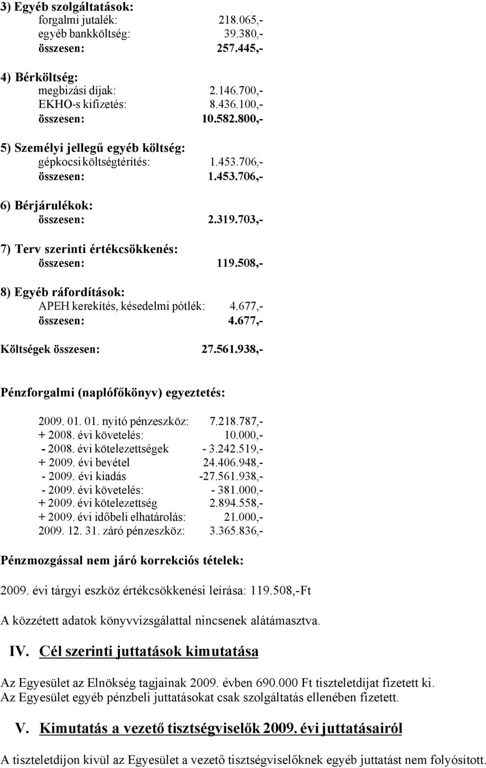 508,- 8) Egyéb ráfordítások: APEH kerekítés, késedelmi pótlék: Költségek 4.677,4.677,- 27.561.938,- Pénzforgalmi (naplófőkönyv) egyeztetés: 2009. 01. 01. nyitó pénzeszköz: 7.218.787,+ 2008.