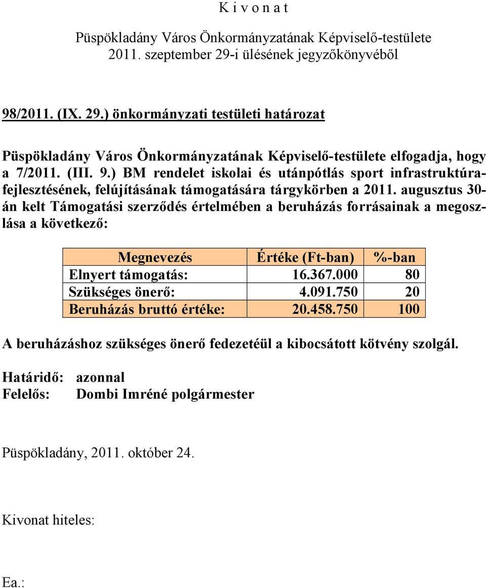 augusztus 30- án kelt Támogatási szerződés értelmében a beruházás forrásainak a megoszlása a következő: Megnevezés Értéke