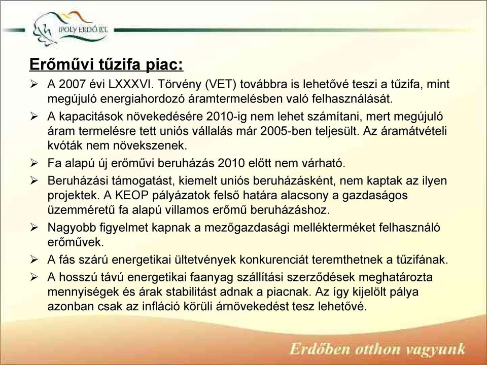 Fa alapú új erőművi beruházás 2010 előtt nem várható. Beruházási támogatást, kiemelt uniós beruházásként, nem kaptak az ilyen projektek.