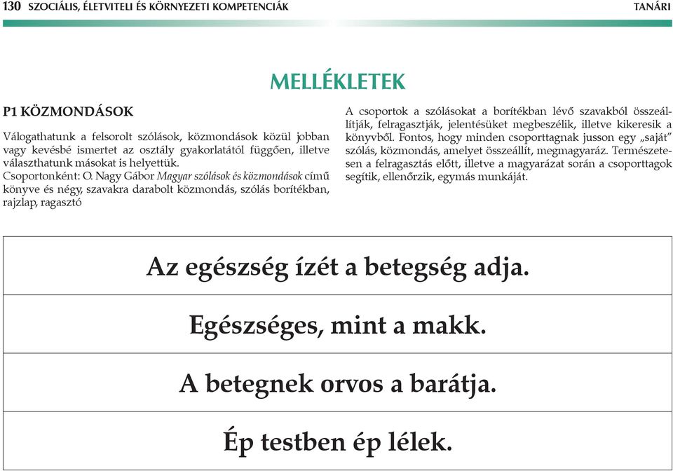 Nagy Gábor Magyar szólások és közmondások című könyve és négy, szavakra darabolt közmondás, szólás borítékban, rajzlap, ragasztó csoportok a szólásokat a borítékban lévő szavakból összeállítják,