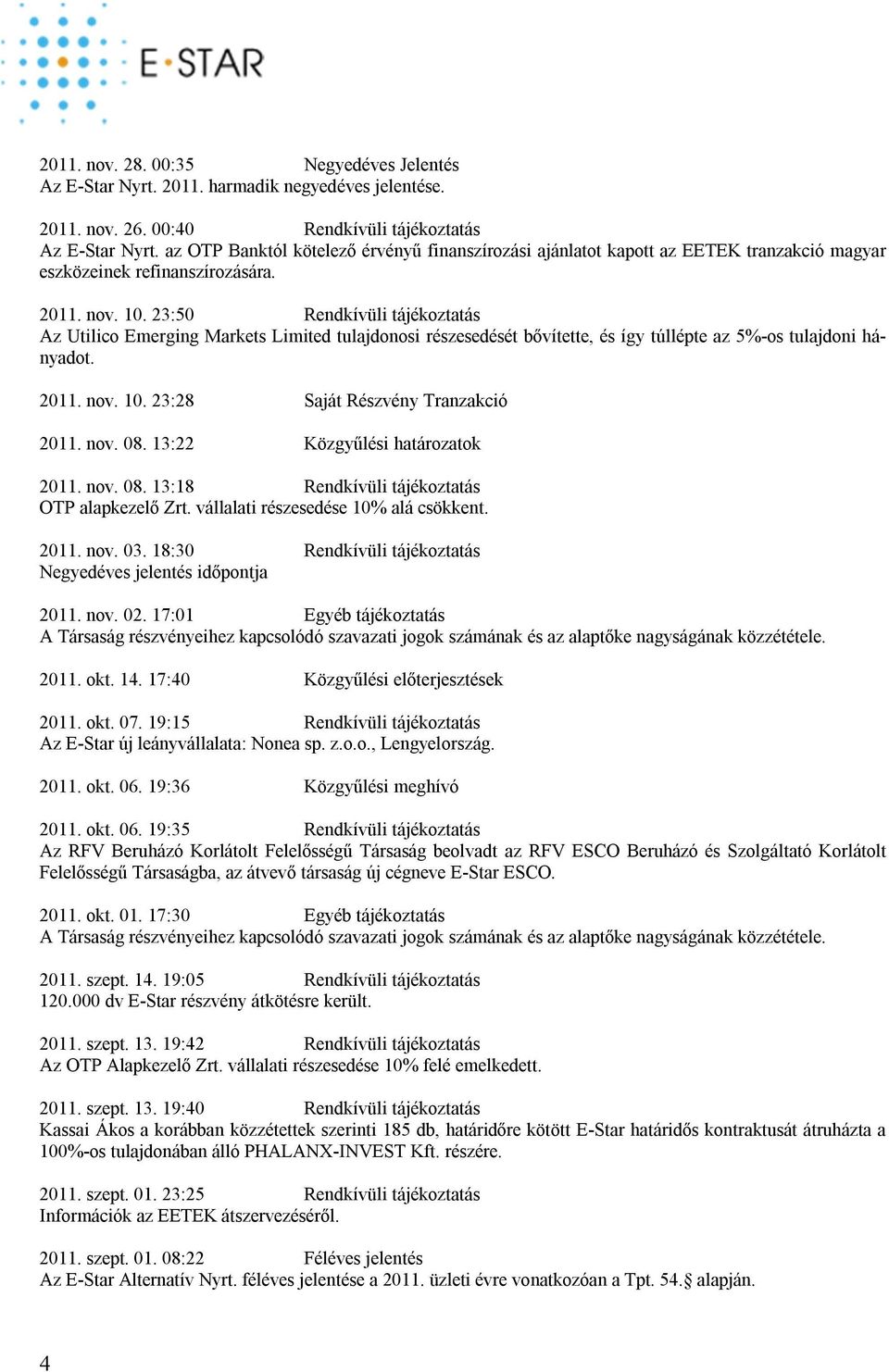 23:50 Rendkívüli tájékoztatás Az Utilico Emerging Markets Limited tulajdonosi részesedését bővítette, és így túllépte az 5%-os tulajdoni hányadot. 2011. nov. 10. 23:28 Saját Részvény Tranzakció 2011.