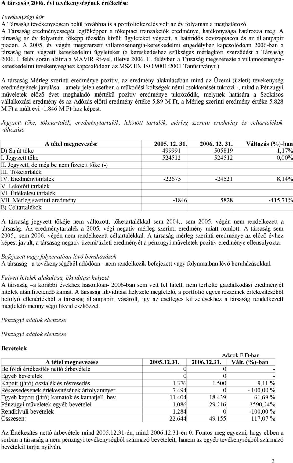 A társaság az év folyamán főképp tőzsdén kívüli ügyleteket végzett, a határidős devizapiacon és az állampapír piacon. A 2005.