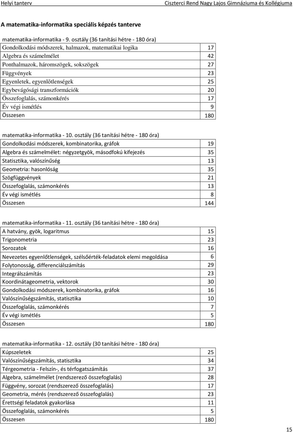 egyenlőtlenségek 25 Egybevágósági transzformációk 20 Összefoglalás, számonkérés 17 Év végi ismétlés 9 Összesen 180 matematika-informatika - 10.