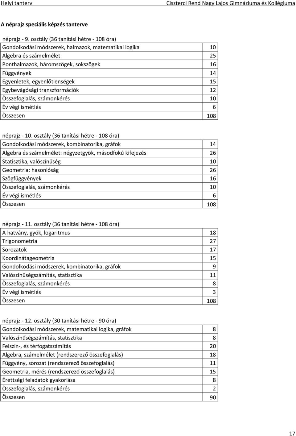 egyenlőtlenségek 15 Egybevágósági transzformációk 12 Összefoglalás, számonkérés 10 Év végi ismétlés 6 Összesen 108 néprajz - 10.