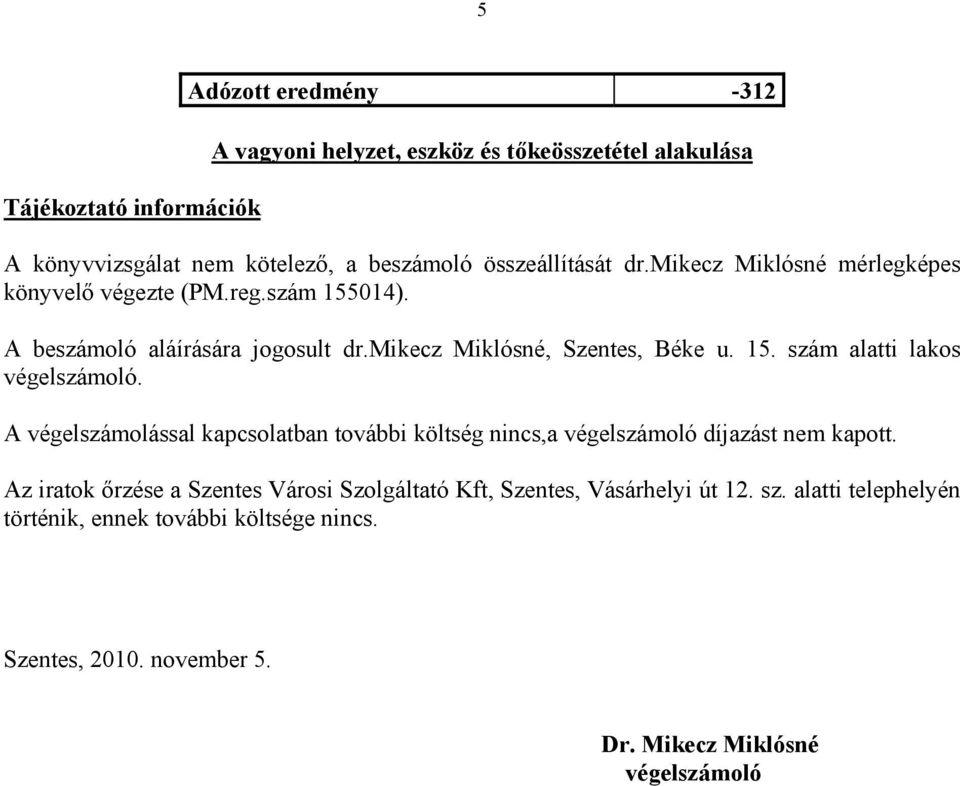 A végelszámolással kapcsolatban további költség nincs,a végelszámoló díjazást nem kapott.