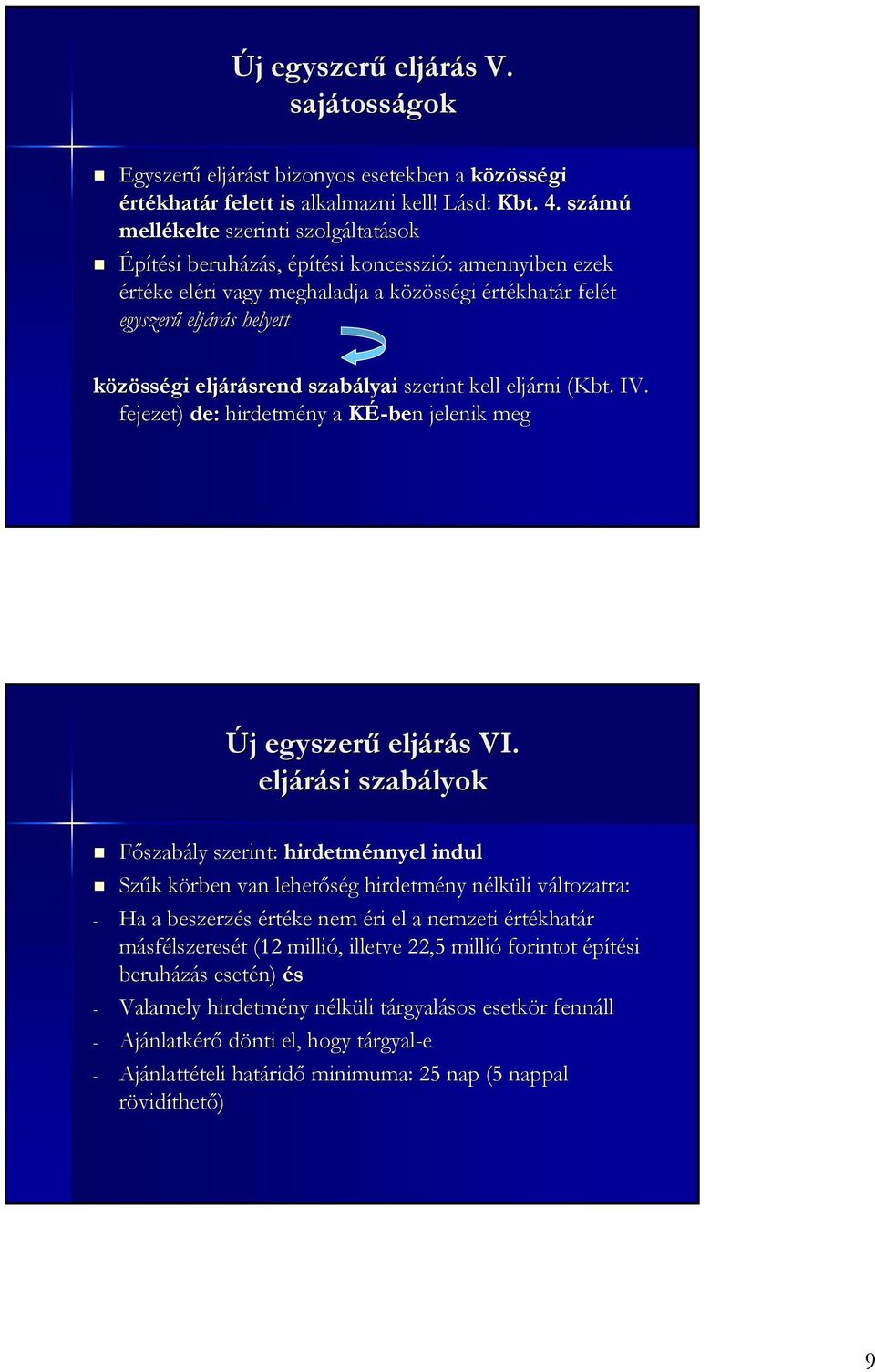 eljárásrend szabályai szerint kell eljárni (Kbt. IV. fejezet) de: hirdetmény a KÉ-be ben jelenik meg Új egyszerű eljárás VI.