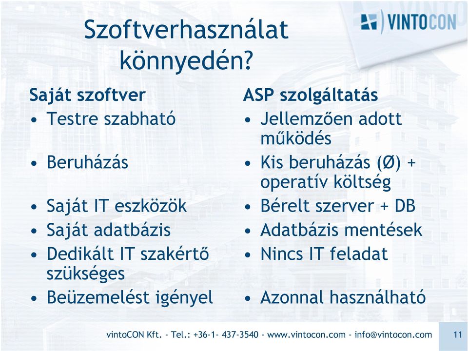 szükséges Beüzemelést igényel ASP szolgáltatás Jellemzően adott működés Kis beruházás (Ø) +