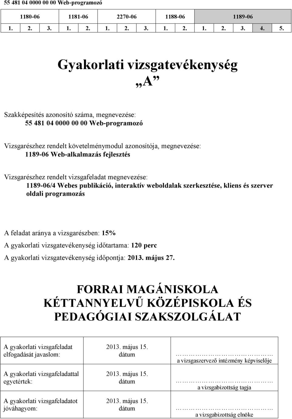 gyakorlati vizsgatevékenység időtartama: 120 perc A gyakorlati vizsgatevékenység időpontja: 2013. május 27.