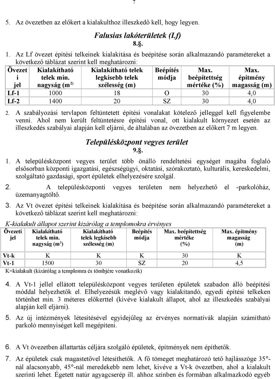 nagyság (m 2) Kialakítható telek legkisebb telek szélesség (m) Beépítés módja Max. beépítettség mértéke (%) Max. építmény magasság (m) Lf-1 1000 18 O 30 4,0 Lf-2 1400 20 SZ 30 4,0 2.