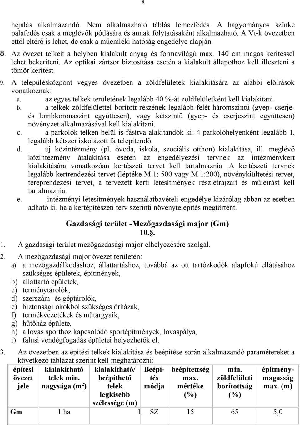 Az optikai zártsor biztosítása esetén a kialakult állapothoz kell illeszteni a tömör kerítést. 9. A településközpont vegyes övezetben a zöldfelületek kialakítására az alábbi előírások vonatkoznak: a.