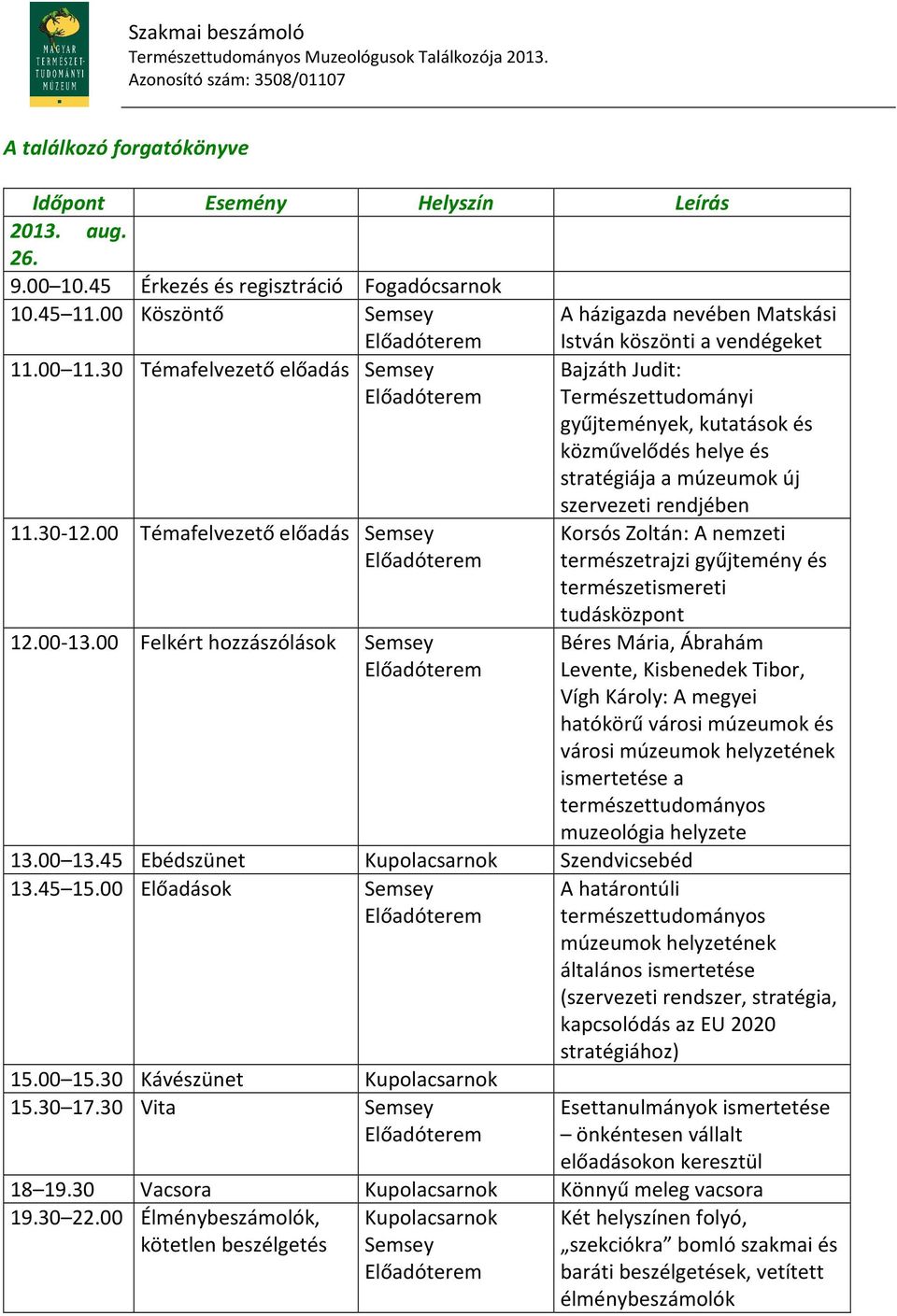 00 Felkért hozzászólások Semsey István köszönti a vendégeket Bajzáth Judit: Természettudományi gyűjtemények, kutatások és közművelődés helye és stratégiája a múzeumok új szervezeti rendjében Korsós