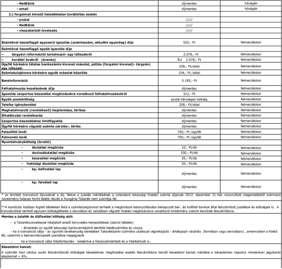 Számlával összefüggő egyéb igazolás díja tárgyévi információt tartalmazó egy időszakról 2.078, Ft korábbi évekről (évente) Évi 2.