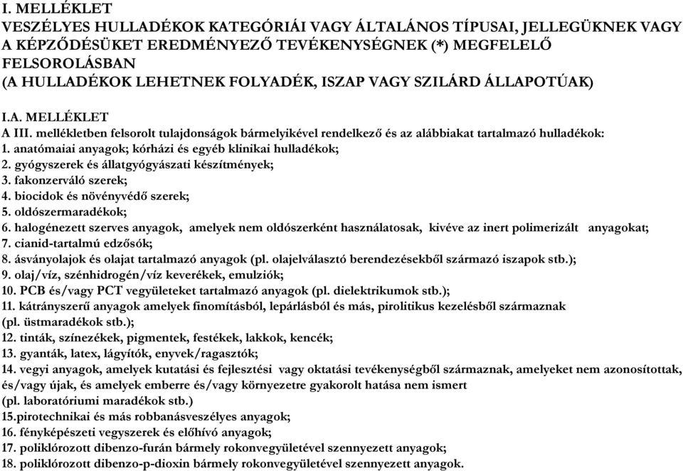 anatómaiai anyagok; kórházi és egyéb klinikai hulladékok; 2. gyógyszerek és állatgyógyászati készítmények; 3. fakonzerváló szerek; 4. biocidok és növényvédı szerek; 5. oldószermaradékok; 6.