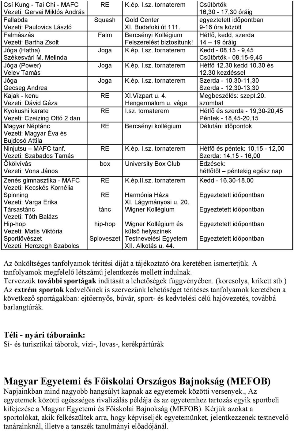 Vezeti: Szabados Tamás Ökölvívás Vezeti: Vona János Zenés gimnasztika - MAFC Vezeti: Kecskés Kornélia Spinning Vezeti: Varga Erika Társastánc Vezeti: Tóth Balázs Hip-hop Vezeti: Matis Viktória
