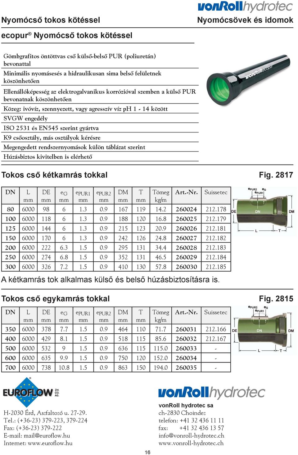 2531 és EN545 szerint gyártva K9 csőosztály, más osztályok kérésre Megengedett rendszernyomások külön táblázat szerint Húzásbiztos kivitelben is elérhető Tokos cső kétkamrás tokkal Fig.