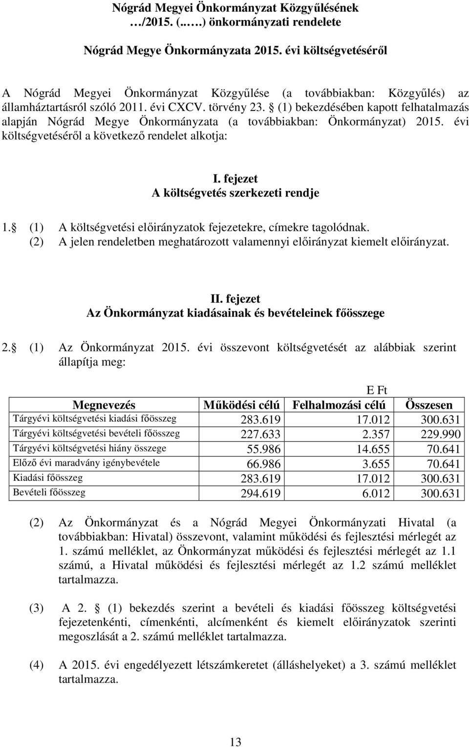 (1) bekezdésében kapott felhatalmazás alapján Nógrád Megye Önkormányzata (a továbbiakban: Önkormányzat) 2015. évi költségvetéséről a következő rendelet alkotja: I.