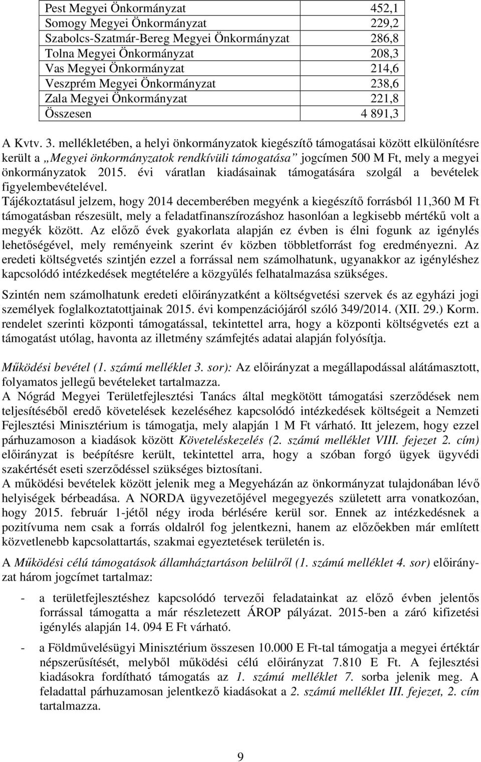 mellékletében, a helyi önkormányzatok kiegészítő támogatásai között elkülönítésre került a Megyei önkormányzatok rendkívüli támogatása jogcímen 500 M Ft, mely a megyei önkormányzatok 2015.