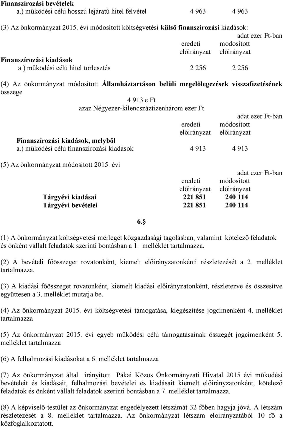 Finanszírozási kiadások, melyből a.) működési célú finanszírozási kiadások 4 913 4 913 (5) Az önkormányzat módosított 2015. évi Tárgyévi kiadásai 221 851 240 114 Tárgyévi bevételei 221 851 240 114 6.