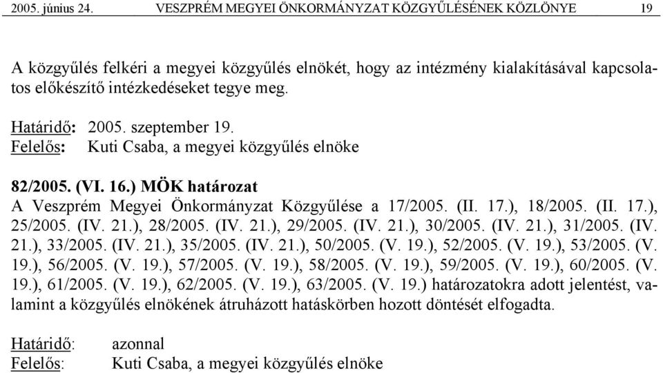 szeptember 19. 82/2005. (VI. 16.) MÖK határozat A Veszprém Megyei Önkormányzat Közgyűlése a 17/2005. (II. 17.), 18/2005. (II. 17.), 25/2005. (IV. 21.), 28/2005. (IV. 21.), 29/2005. (IV. 21.), 30/2005.