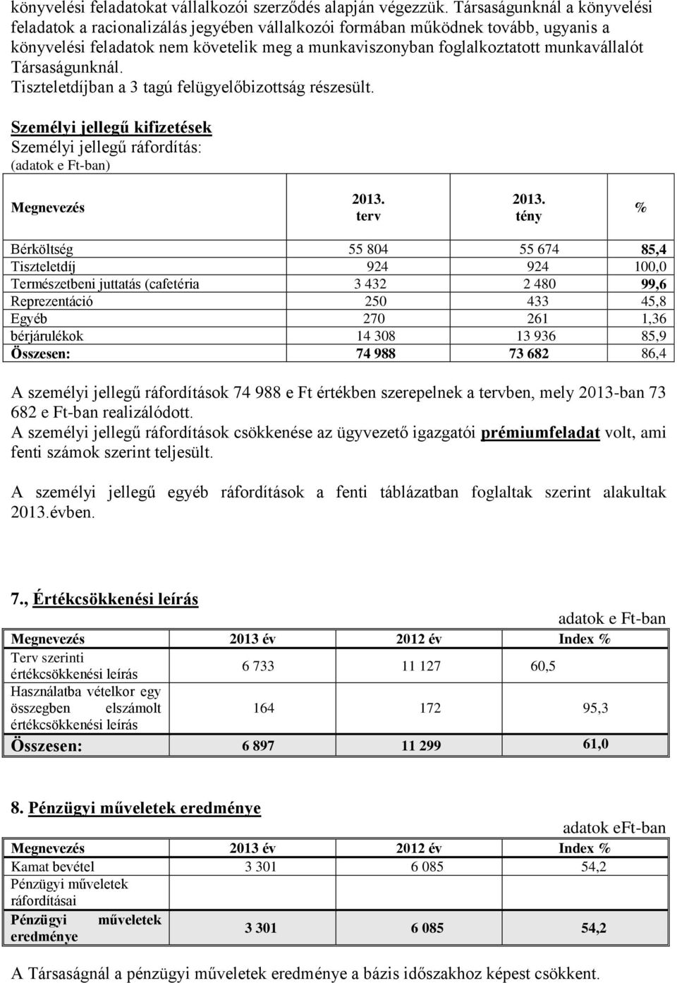 Társaságunknál. Tiszteletdíjban a 3 tagú felügyelőbizottság részesült. Személyi jellegű kifizetések Személyi jellegű ráfordítás: (adatok e Ft-ban) Megnevezés 2013. terv 2013.