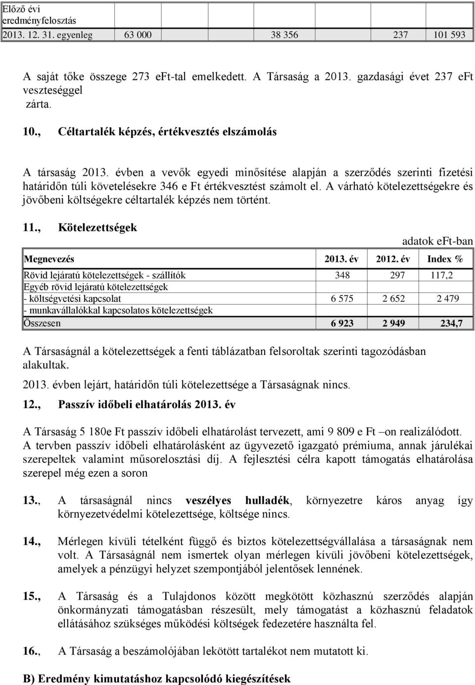 A várható kötelezettségekre és jövőbeni költségekre céltartalék képzés nem történt. 11., Kötelezettségek Megnevezés 2013. év 2012.