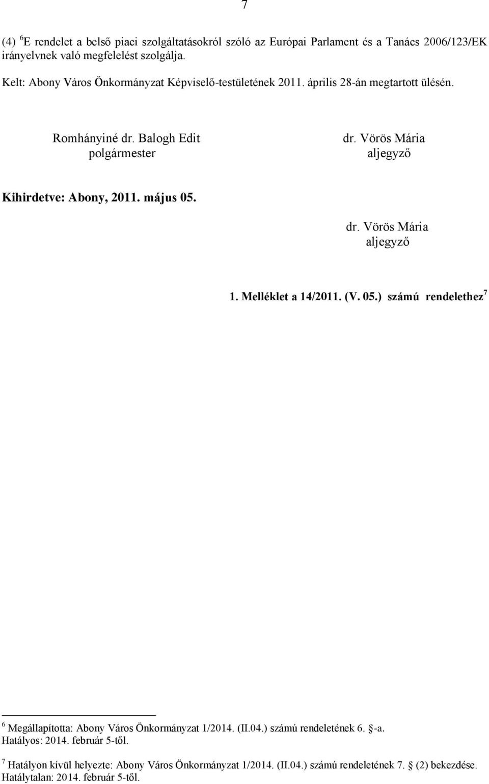 Vörös Mária aljegyző Kihirdetve: Abony, 2011. május 05. dr. Vörös Mária aljegyző 1. Melléklet a 14/2011. (V. 05.) számú rendelethez 7 6 Megállapította: Abony Város Önkormányzat 1/2014.