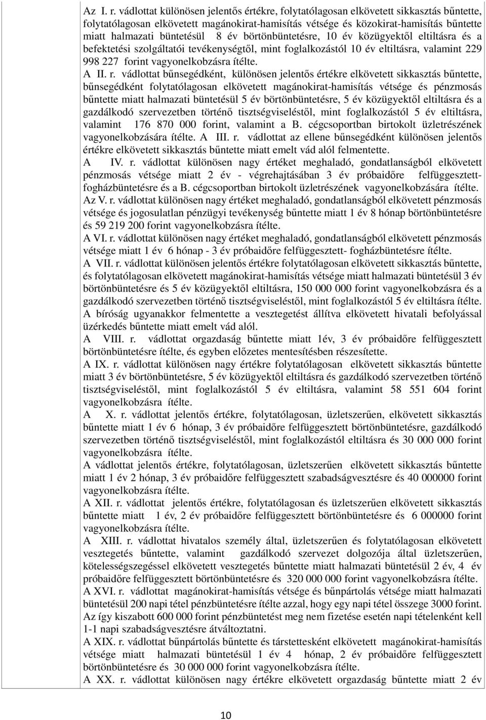 büntetésül 8 év börtönbüntetésre, 10 év közügyektől eltiltásra és a befektetési szolgáltatói tevékenységtől, mint foglalkozástól 10 év eltiltásra, valamint 229 998 227 forint vagyonelkobzásra ítélte.