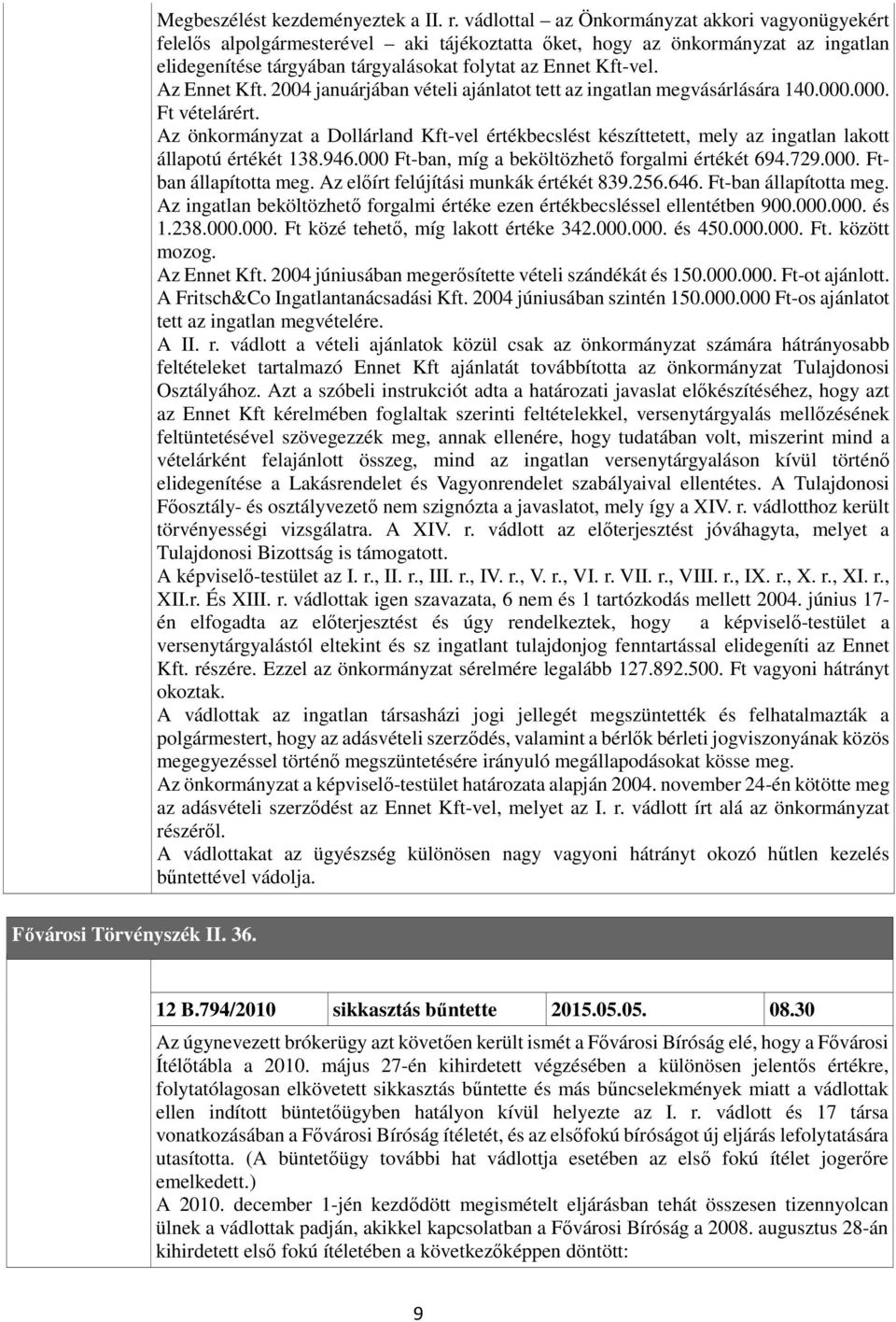 Az Ennet Kft. 2004 januárjában vételi ajánlatot tett az ingatlan megvásárlására 140.000.000. Ft vételárért.