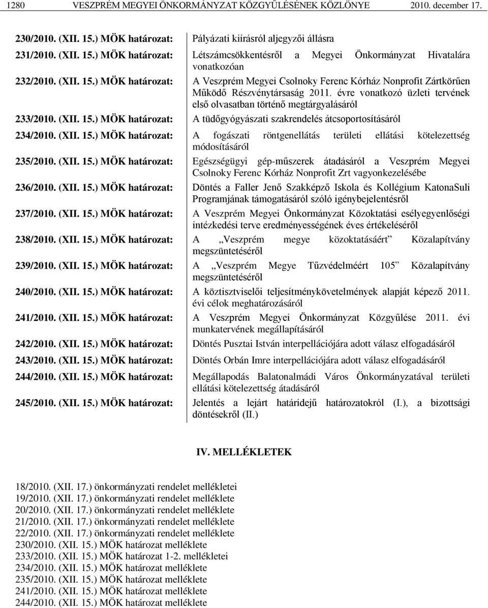 (XII. 15.) MÖK határozat: A tüdőgyógyászati szakrendelés átcsoportosításáról 234/2010. (XII. 15.) MÖK határozat: A fogászati röntgenellátás területi ellátási kötelezettség módosításáról 235/2010.