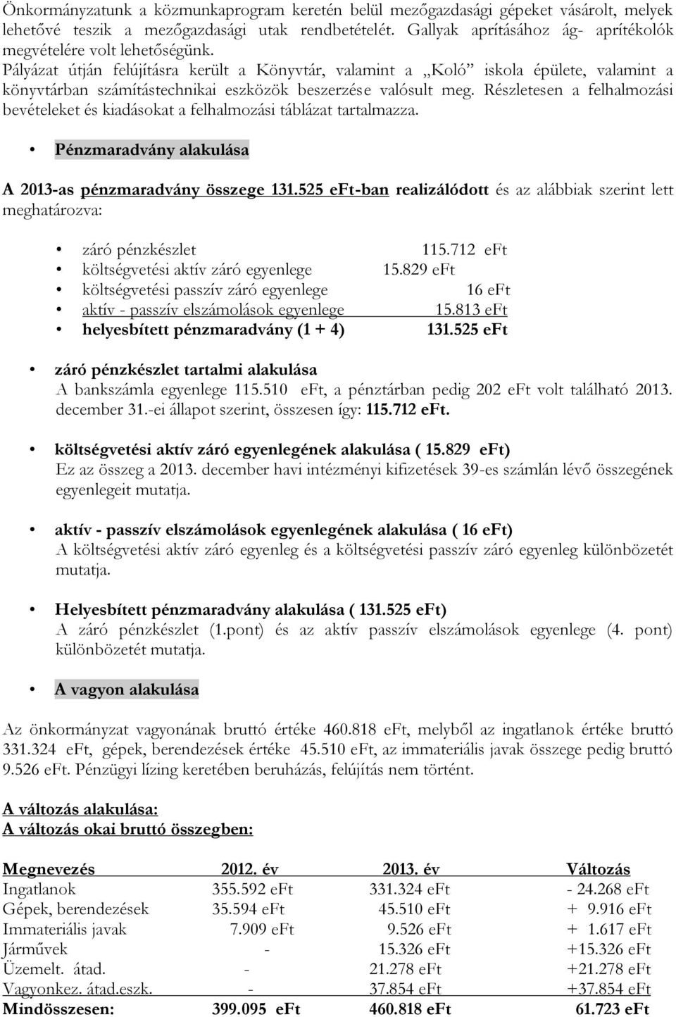 Pályázat útján felújításra került a Könyvtár, valamint a Koló iskola épülete, valamint a könyvtárban számítástechnikai eszközök beszerzése valósult meg.