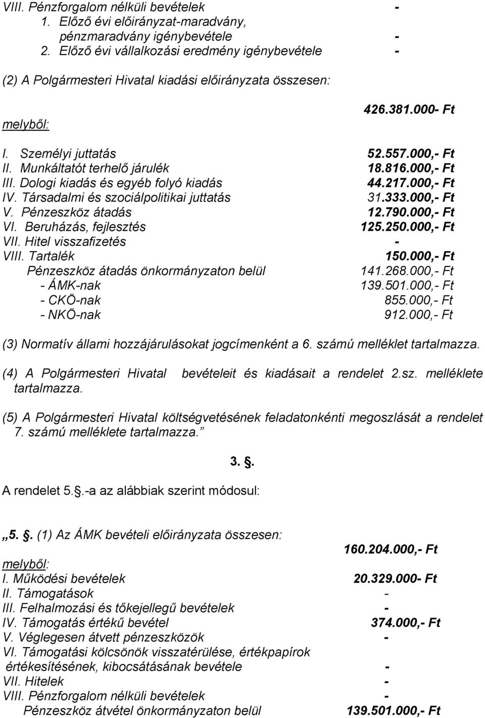 000, Ft 44.217.000, Ft IV. Társadalmi és szociálpolitikai juttatás 31.333.000, Ft V. Pénzeszköz átadás 12.790.000, Ft VI. Beruházás, fejlesztés 125.250.000, Ft VII. Hitel visszafizetés 150.