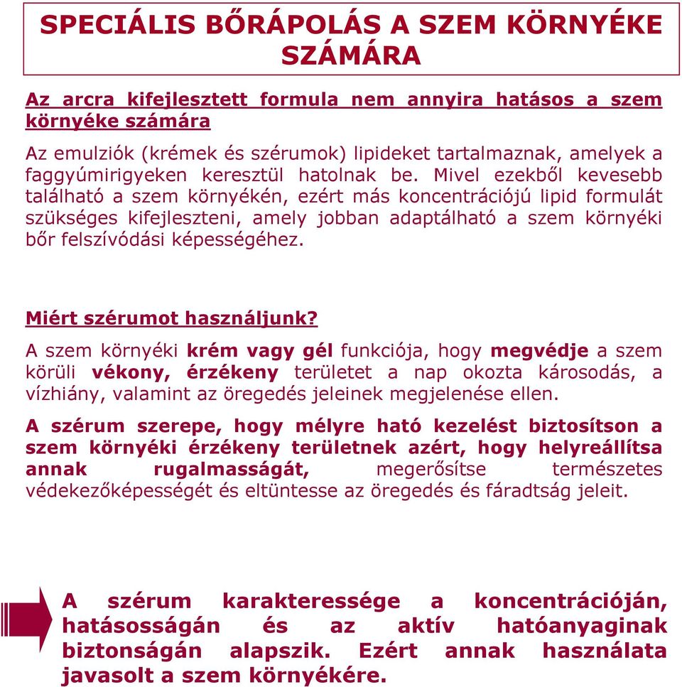 Mivel ezekből kevesebb található a szem környékén, ezért más koncentrációjú lipid formulát szükséges kifejleszteni, amely jobban adaptálható a szem környéki bőr felszívódási képességéhez.