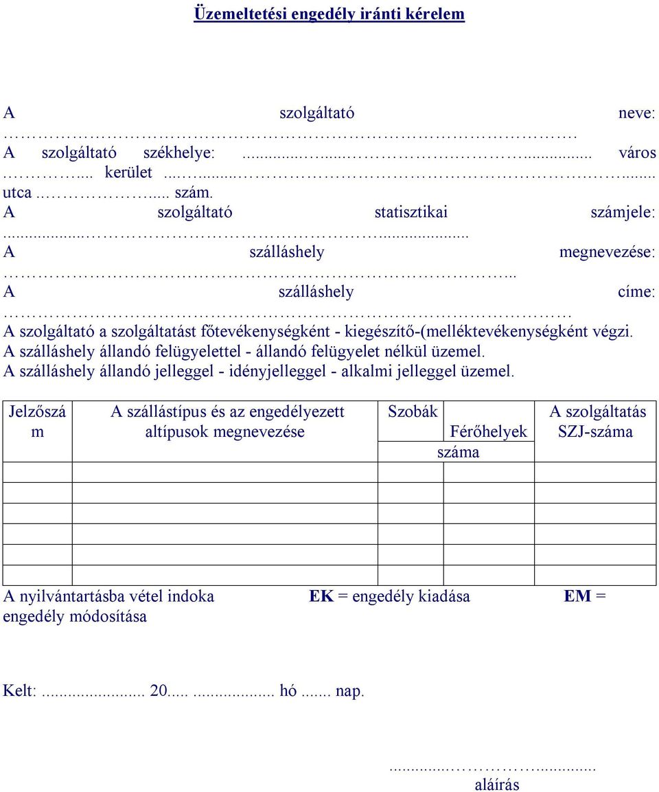 A szálláshely állandó felügyelettel - állandó felügyelet nélkül üzemel. A szálláshely állandó jelleggel - idényjelleggel - alkalmi jelleggel üzemel.