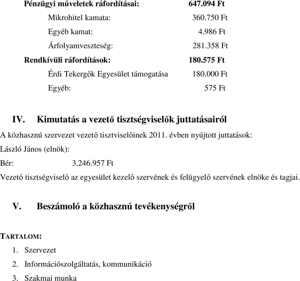 Kimutatás a vezetı tisztségviselık juttatásairól A közhasznú szervezet vezetı tisztviselıinek 2011.