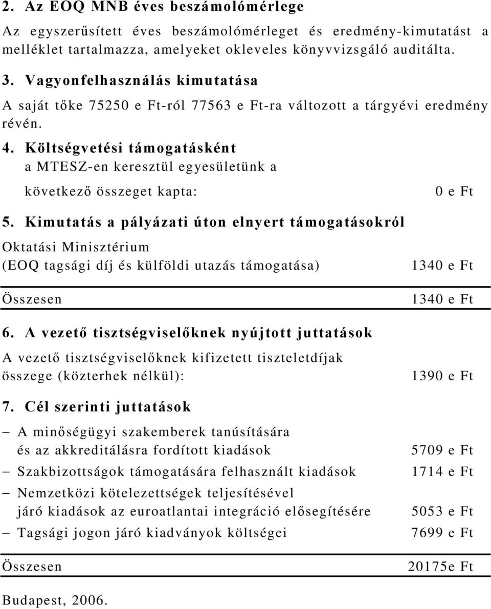 Költségvetési támogatásként a MTESZ-en keresztül egyesületünk a következő összeget kapta: 5.