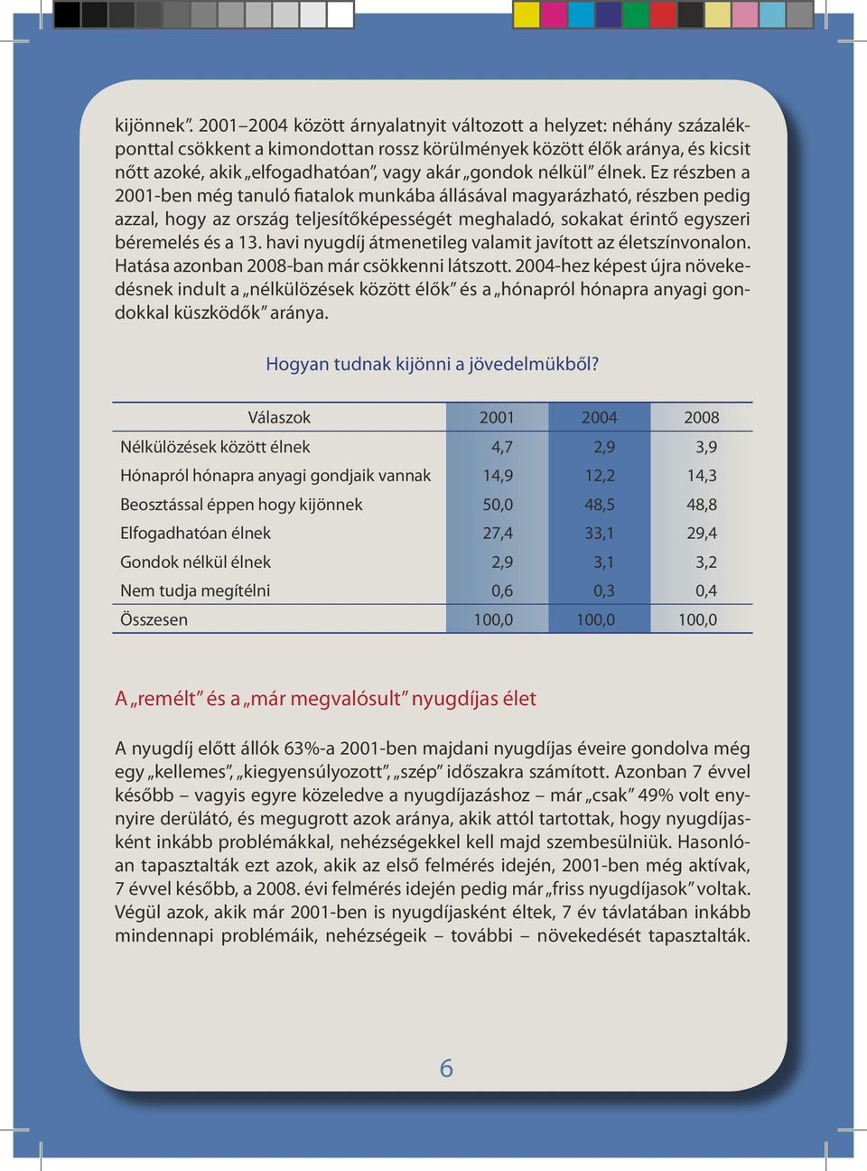 nélkül élnek. Ez részben a 2001-ben még tanuló fiatalok munkába állásával magyarázható, részben pedig azzal, hogy az ország teljesítőképességét meghaladó, sokakat érintő egyszeri béremelés és a 13.