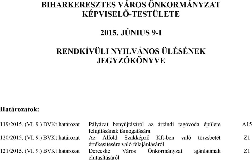 (VI. 9.) BVKt határozat Az Alföld Szakképző Kft-ben való törzsbetét értékesítésére való felajánlásáról 121/2015.