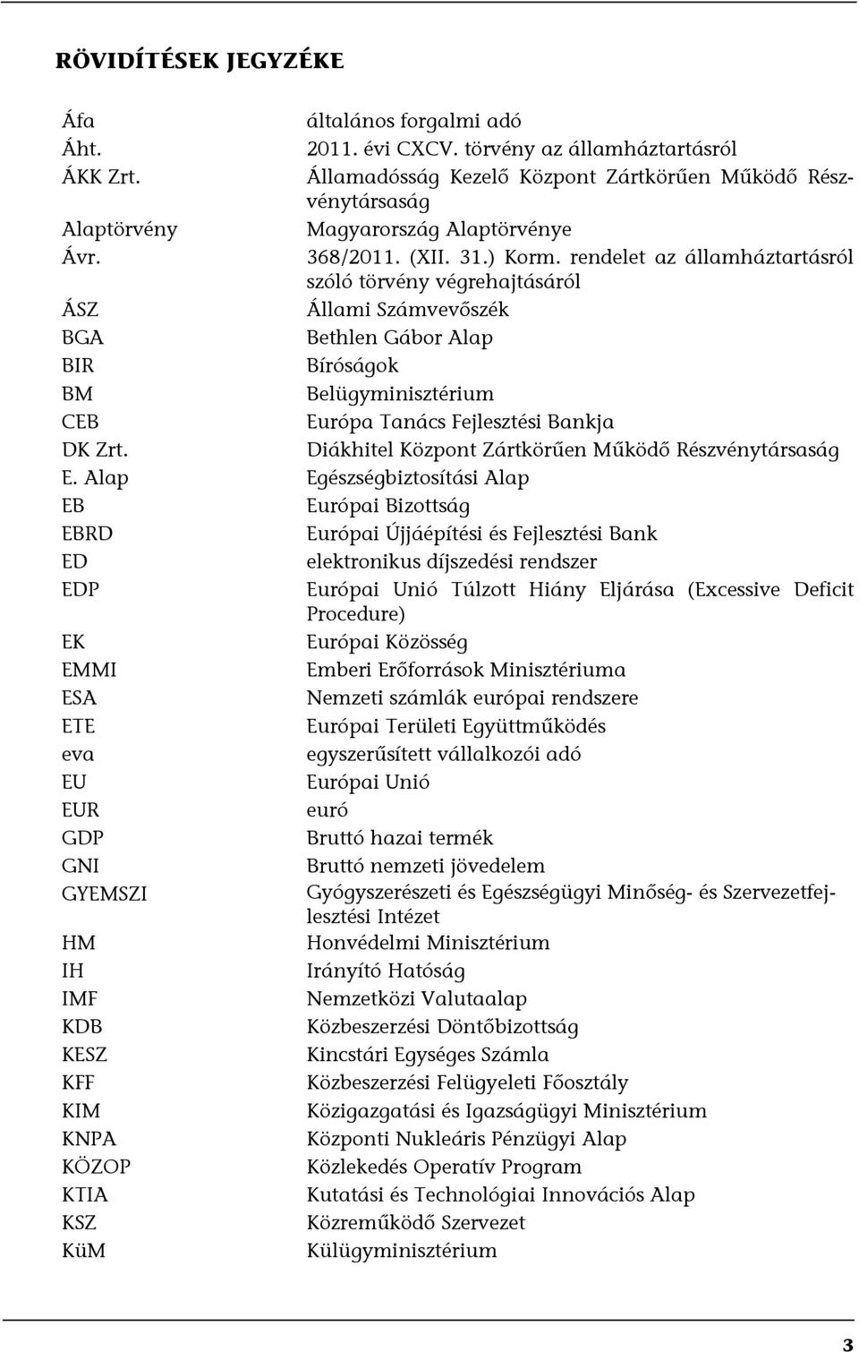 rendelet az államháztartásról szóló törvény végrehajtásáról ÁSZ Állami Számvevőszék BGA Bethlen Gábor Alap BIR Bíróságok BM Belügyminisztérium CEB Európa Tanács Fejlesztési Bankja DK Zrt.