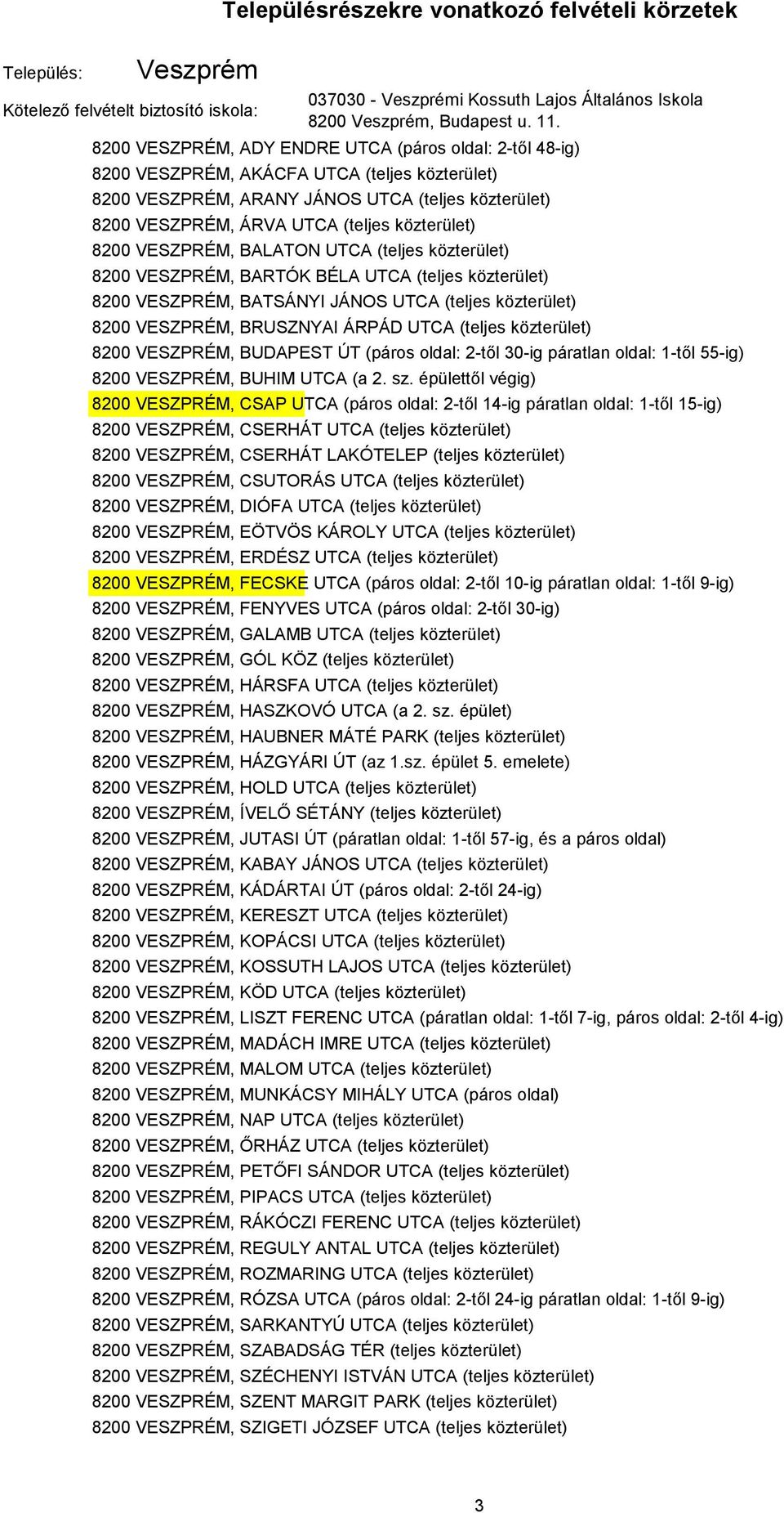 közterület) 8200 VESZPRÉM, BALATON UTCA (teljes közterület) 8200 VESZPRÉM, BARTÓK BÉLA UTCA (teljes közterület) 8200 VESZPRÉM, BATSÁNYI JÁNOS UTCA (teljes közterület) 8200 VESZPRÉM, BRUSZNYAI ÁRPÁD