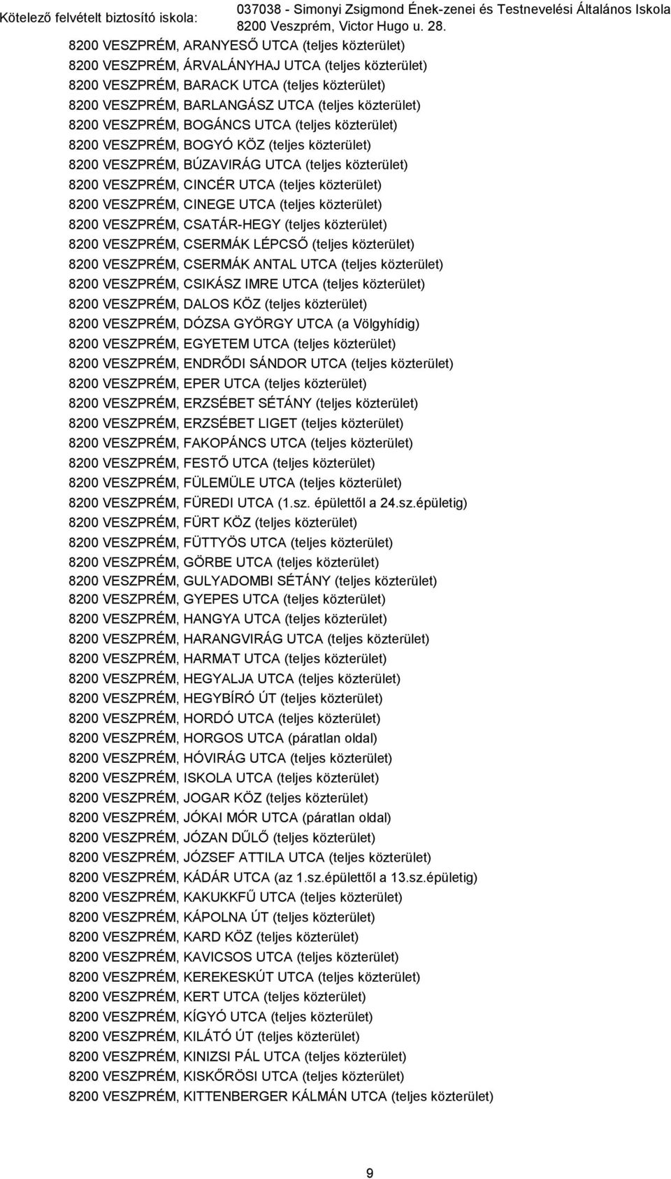 8200 VESZPRÉM, BOGÁNCS UTCA (teljes közterület) 8200 VESZPRÉM, BOGYÓ KÖZ (teljes közterület) 8200 VESZPRÉM, BÚZAVIRÁG UTCA (teljes közterület) 8200 VESZPRÉM, CINCÉR UTCA (teljes közterület) 8200