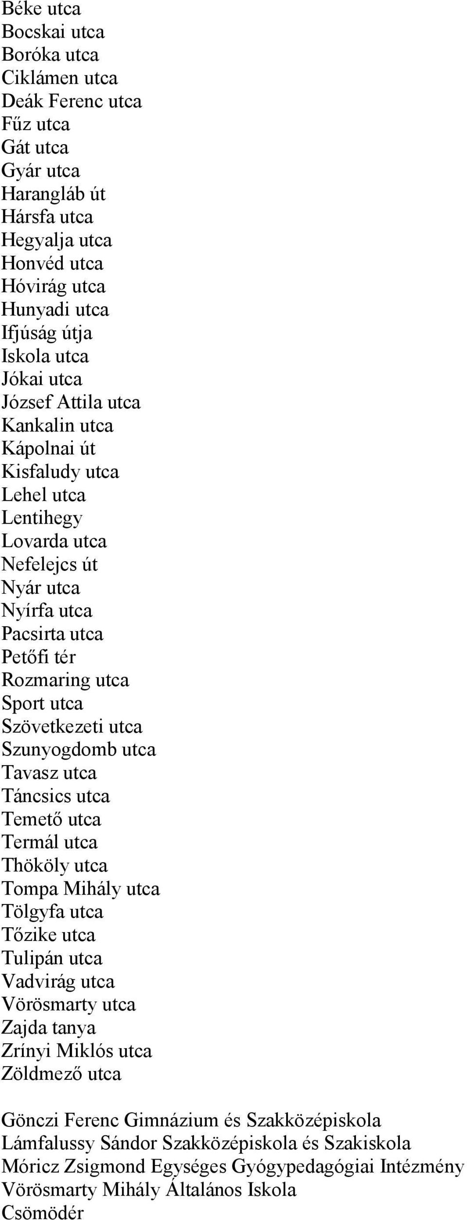 Szövetkezeti utca Szunyogdomb utca Tavasz utca Táncsics utca Temető utca Termál utca Thököly utca Tompa Mihály utca Tölgyfa utca Tőzike utca Tulipán utca Vadvirág utca Vörösmarty utca Zajda tanya